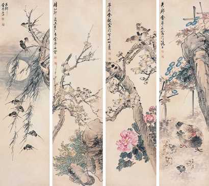 金梦石 花鸟 四屏